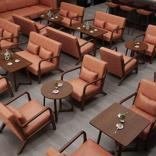 实木桌椅组合咖啡店椅餐厅奶茶店接待可拆洗布艺沙发餐厅商用