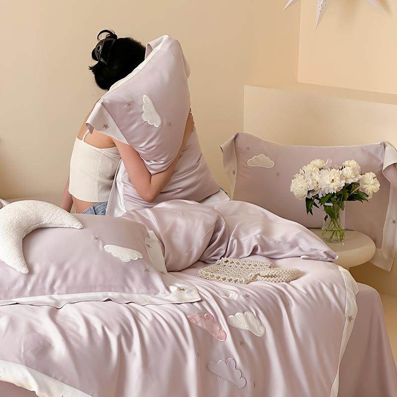 小清新云朵刺绣100S兰精天丝夏季裸睡床品粉色少女心被套床单套件