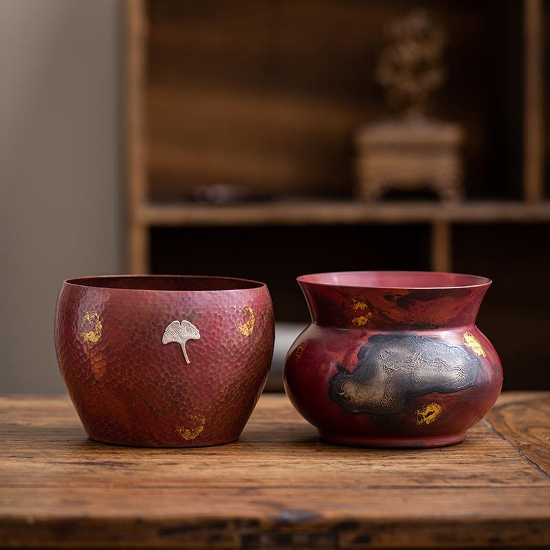 手工铜锤纹茶洗日式建水茶钵干泡茶渣桶紫铜镶银茶杯水盂笔洗
