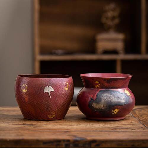 手工铜锤纹茶洗日式建水茶钵干泡茶渣桶紫铜镶银茶杯水盂笔洗