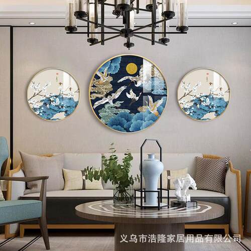 圆形装饰画镶钻晶瓷画书房背景墙画客厅挂画卧室壁画新中式玄关画