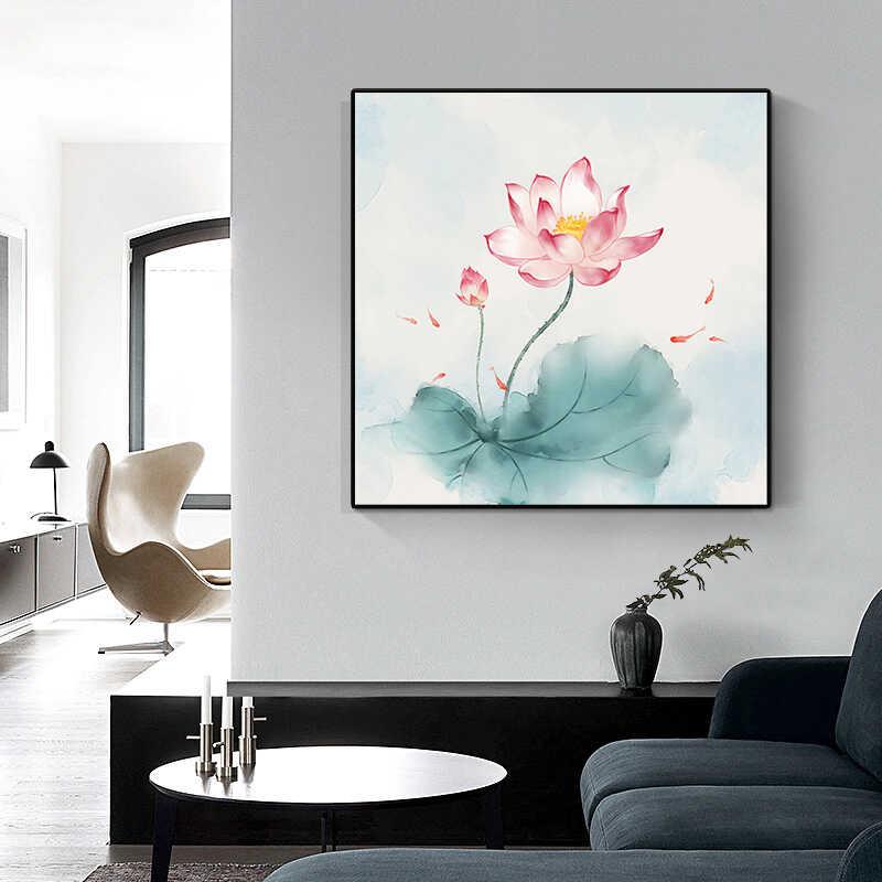 新中式餐厅挂画荷花装饰画轻奢高级感挂画装饰画方形书房卧室壁画图片