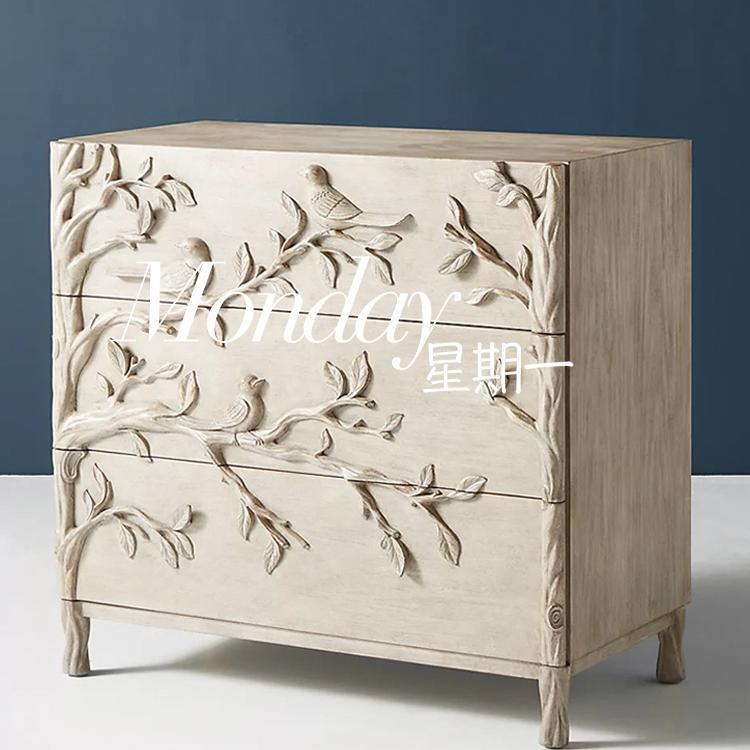 中古实木餐边柜斗柜复古中古雕刻玄关柜法式复古三斗柜装饰柜玄关