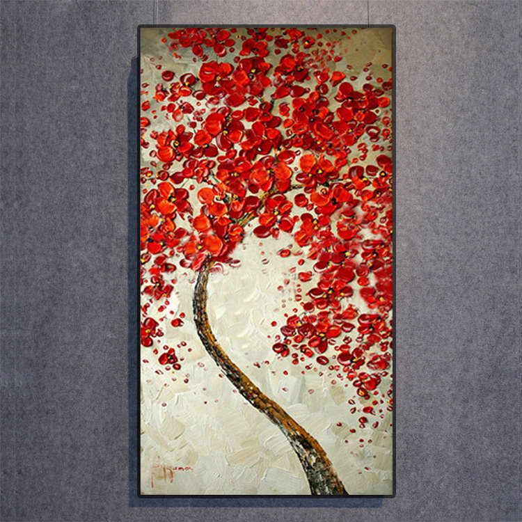 新款发财树立体手绘油画家居玄关走廊挂画现代装饰画竖版有框壁画图片