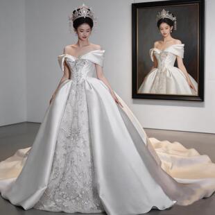 一字肩缎面婚纱主纱高级质感高定款结婚礼服简约轻便大码胖MM显瘦