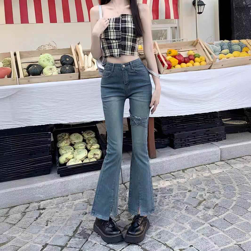 弄格辣妹高腰设计微喇牛仔裤女初秋2025新款显瘦显高修身喇叭裤潮
