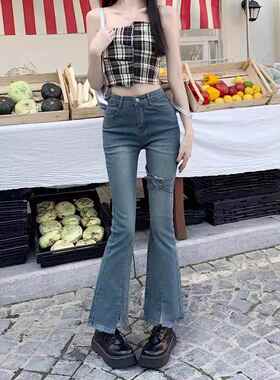 弄格辣妹高腰设计微喇牛仔裤女初秋2025新款显瘦显高修身喇叭裤潮