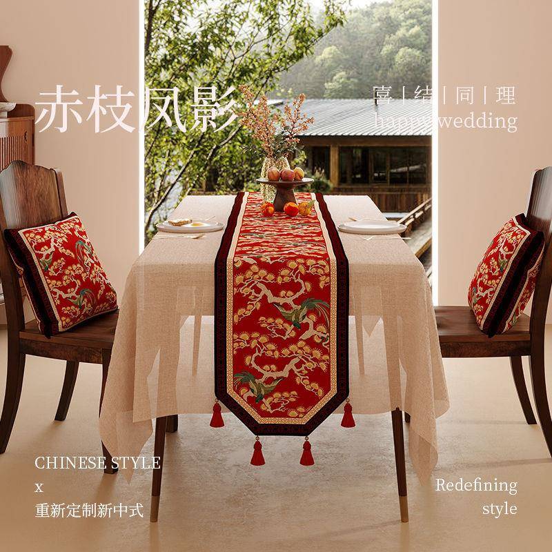 2025结婚红色桌旗流苏穗子喜庆中式轻奢高端餐桌茶几婚礼茶台茶席图片