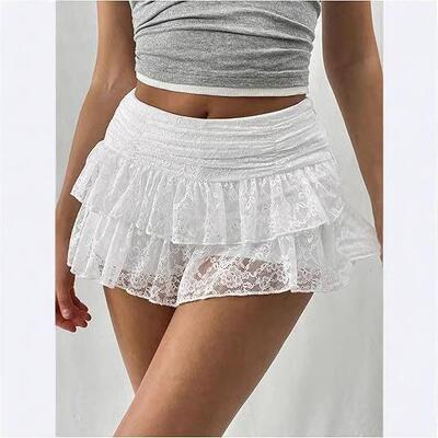 Women Lace Tiered Layer Skirt Casual Plain Daily Wear Ladies