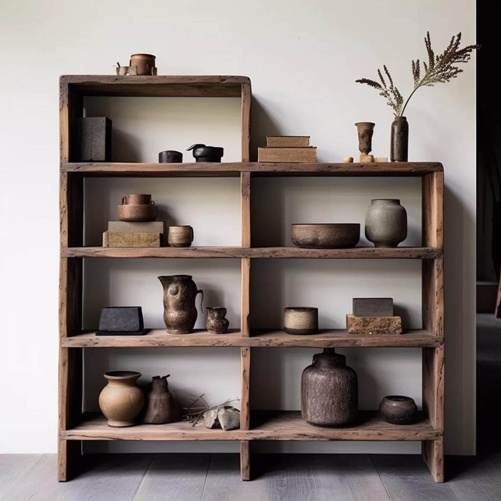 Wabi-Sabi风格实木Bogu架，落地式茶架，储物架，储物架，书架，