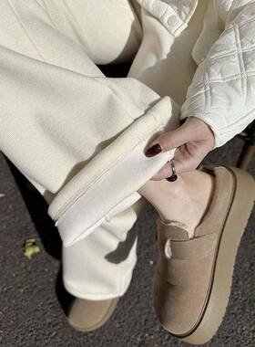 叭秋VND冬新品羊喇糯绒感米裤女高腰垂感显瘦微喇叭裤针织加绒白