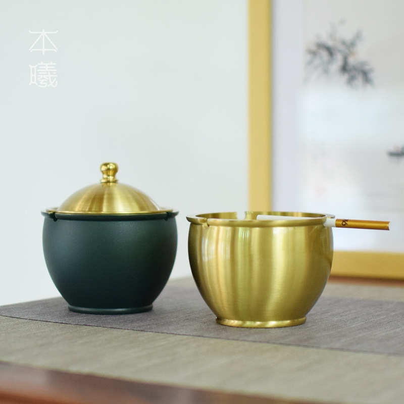 黄铜烟灰缸家用客厅茶几防飞灰带盖欧式奢华高档创意个性复古烟碟