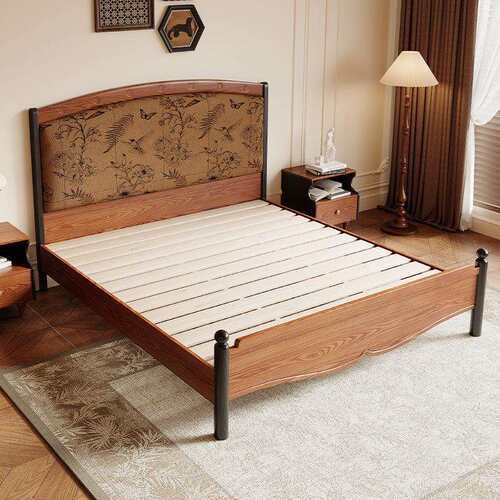 中古风软靠实木床法式复古1.5m床小户型婚床1.8米白蜡木双人大床