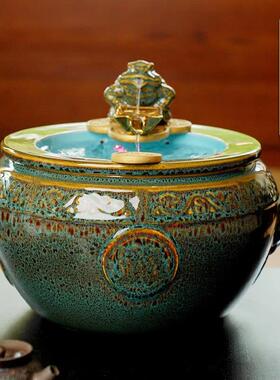 陶瓷聚宝盆金蟾吐水流水摆件循环水风水轮生财桌面招财聚财办公室