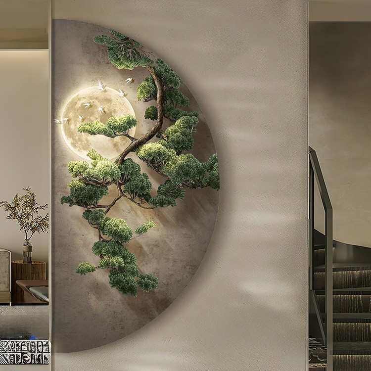 新感高级过道走廊迎客松画玄关中式壁灯挂画装饰画大气入户门客厅