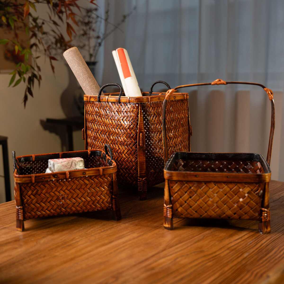 桐油大漆做旧收纳复古竹编茶具收纳篮子竹编篮子竹筐茶具盒