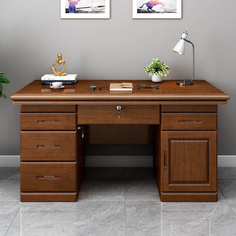 办公桌全实木书桌写字台家用房间单人台式电脑桌带抽屉锁办公室
