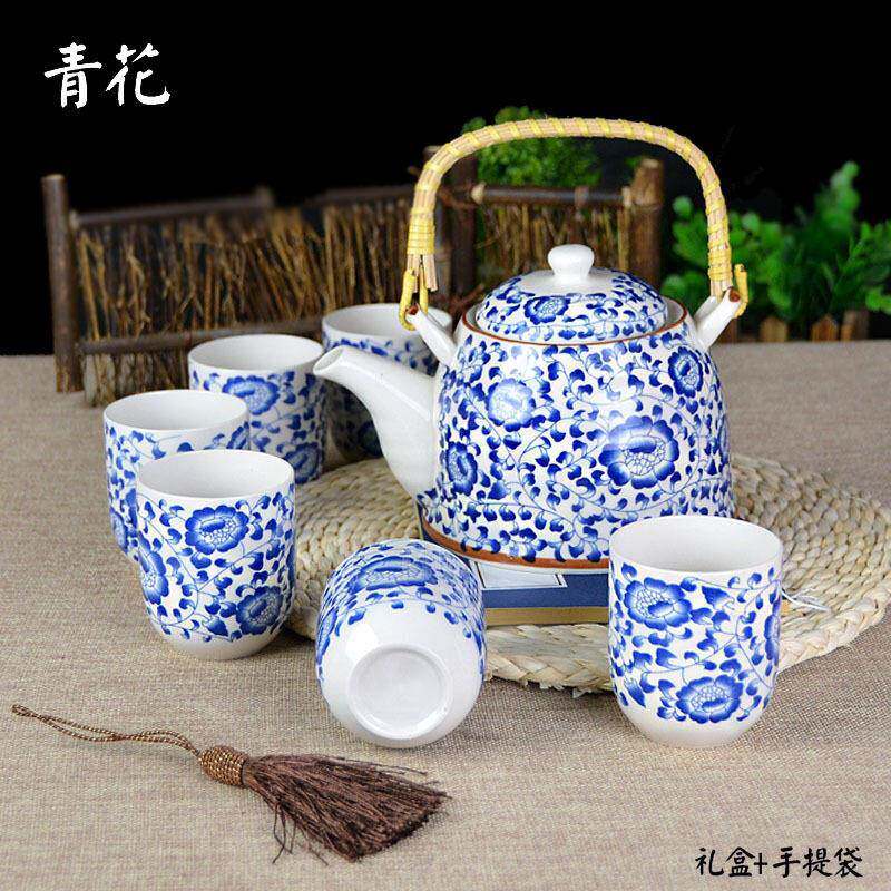 7头釉中彩大提梁壶陶瓷茶具套装 青花功夫茶具广告节日实用礼品