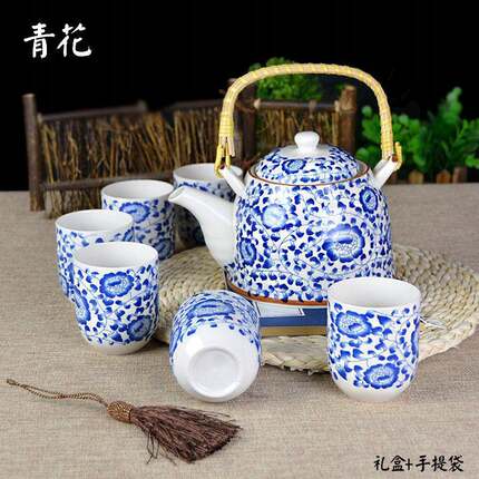 7头釉中彩大提梁壶陶瓷茶具套装 青花功夫茶具广告节日实用礼品