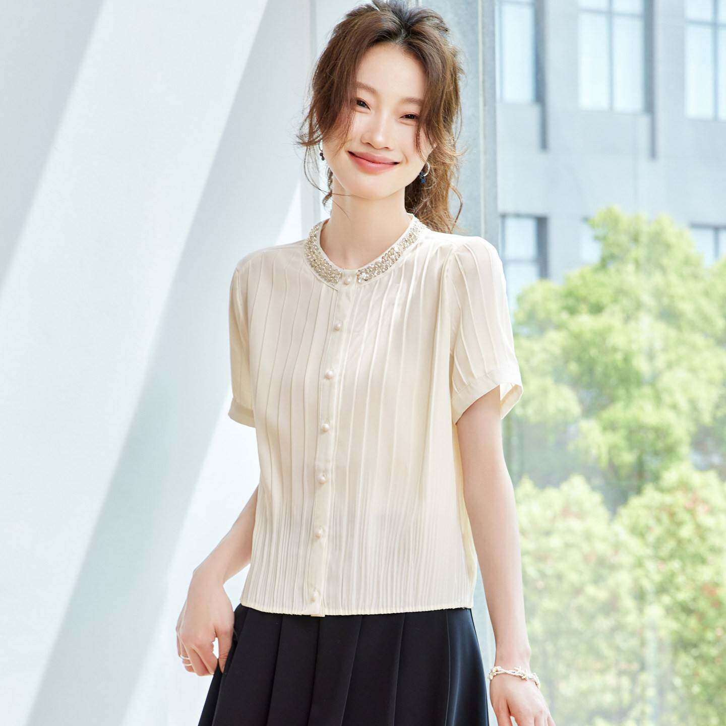 桑蚕真丝衬衫短袖寸衣女2025夏季新款薄款轻奢高级感法式白领上衣