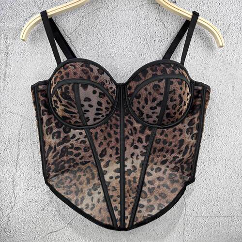 Sexy Leopard Corset Top for Women Mesh Bustier Lace Up