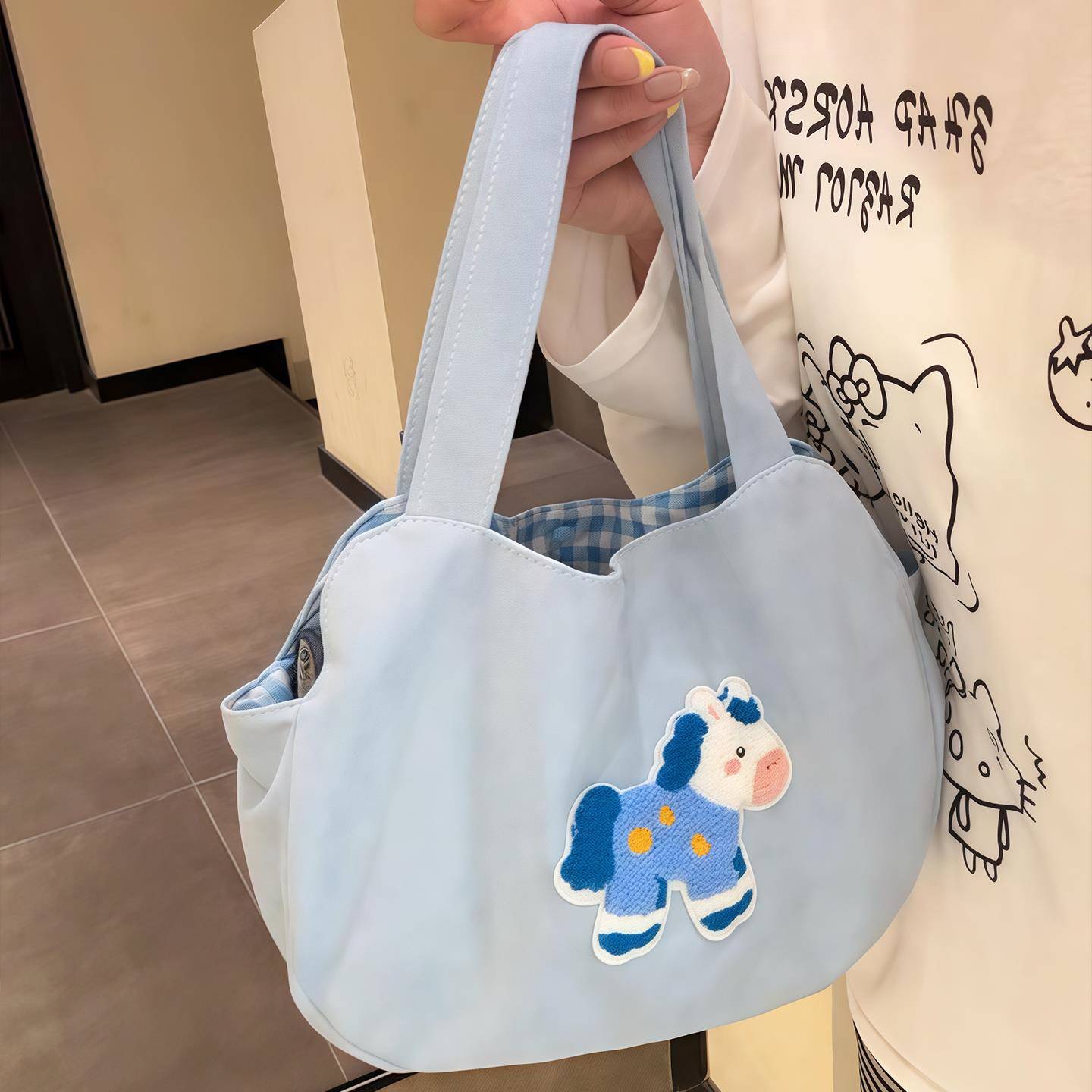 刺绣小马手提包轻便上班通勤手领包大容量日常托特包可折叠帆布包