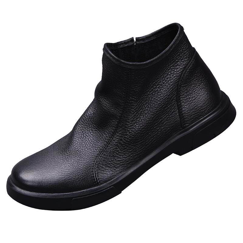 正品2023年冬季西高筒男厚皮鞋绒软皮底切尔中靴真皮加保暖拉炼男