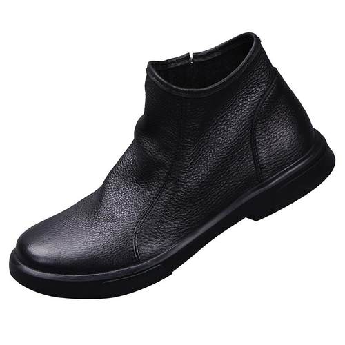 正品2023年冬季西高筒男厚皮鞋绒软皮底切尔中靴真皮加保暖拉炼男