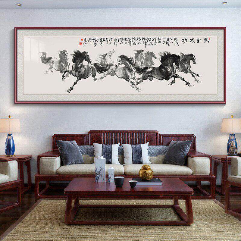 八骏图马到成功墙壁画客厅挂画山水画新中式装饰画办公室国画