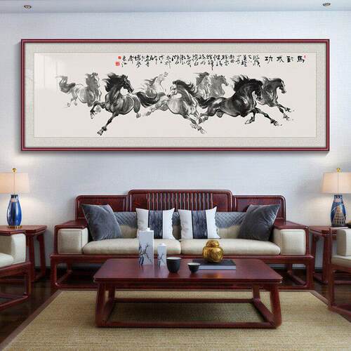 八骏图马到成功墙壁画客厅挂画山水画新中式装饰画办公室国画