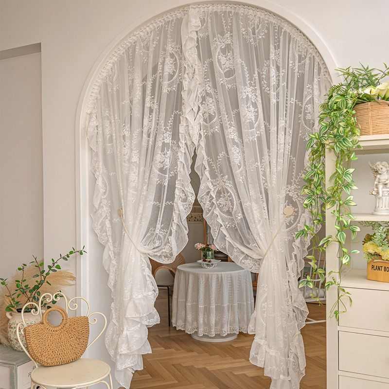 门帘女生卧室欧式荷叶边蕾丝纱帘免打孔客厅白色窗帘复古轻奢法式