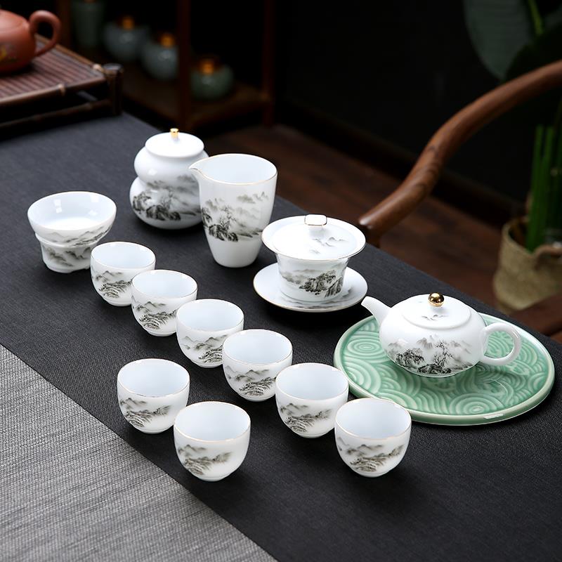 正品羊脂玉功夫茶具山套装家用客泡茶厅壶薄胎花水盖碗青瓷茶杯送