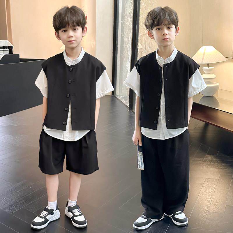 儿童男童礼服2025新款休闲走秀演出服夏季花童生日马甲小西装套装