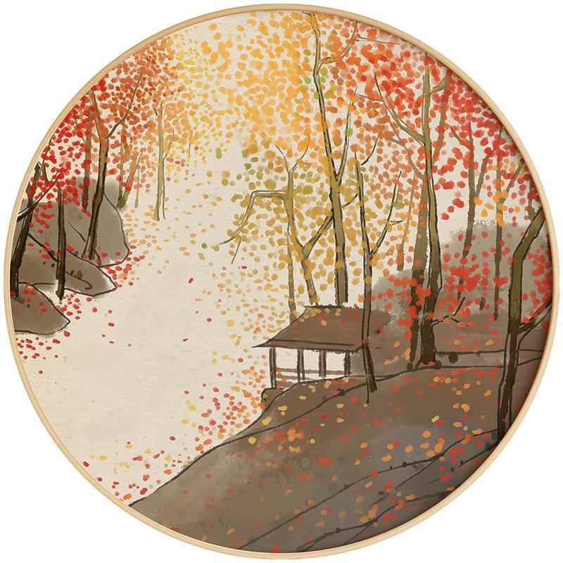 客厅圆景画形画新中F765JHM7式沙发背挂厅画餐饭厅水墨花卉国实木