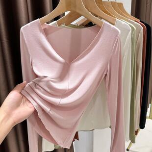 春夏季粉色高端v领打底衫女薄款内搭长袖t恤修身显瘦弹上衣0308z
