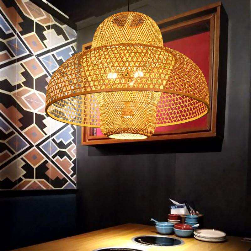 新中式餐厅饭店包间包房农家乐竹编吊灯个性日式竹子创意圆桌灯具