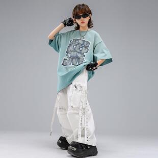 男童街舞演出服大童白色裤子套装工装阔腿裤爵士舞jazz嘻哈宽松潮