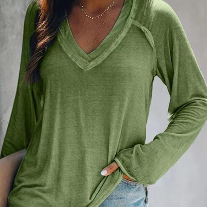 Womens color pattern long-sleeved solid V-neck T-shirt
