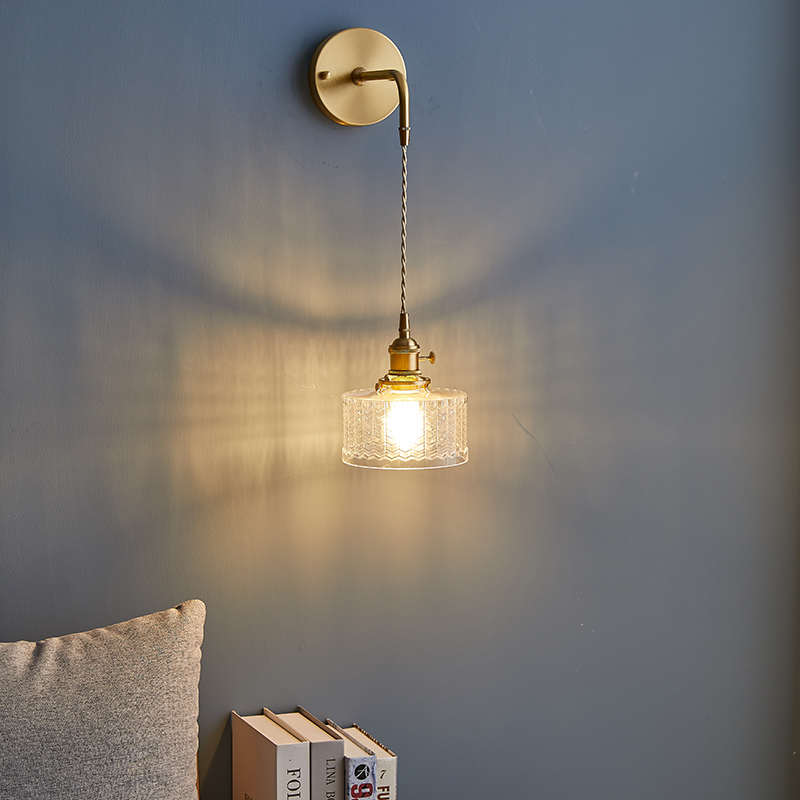 北欧ins少女网红全铜玻璃壁灯简约现代温馨日式卧室床头长线吊灯