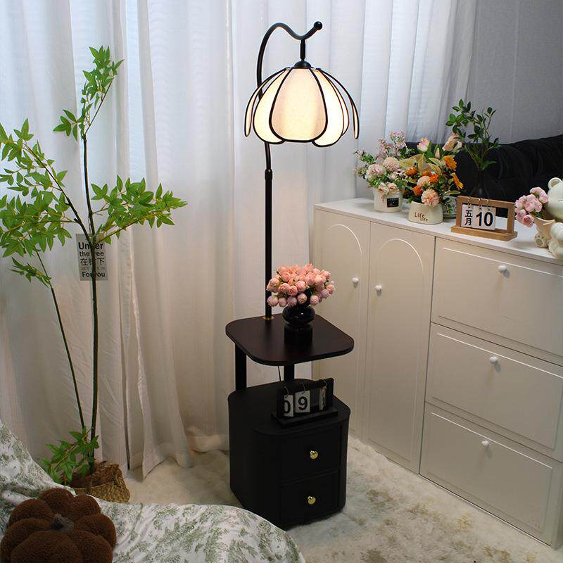 法式复古置物架落地灯卧室中古风装饰客厅沙发床头柜带灯台灯一体