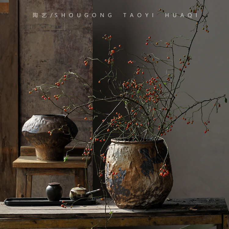 复古陶瓷花瓶摆件纯手工粗糙做旧花器陶罐插花侘寂风禅意植物花盆