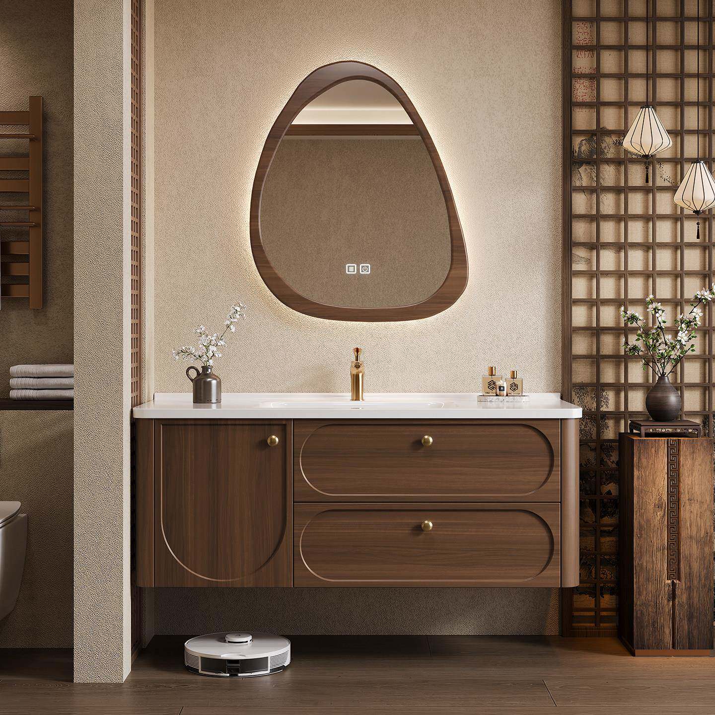 宋式美学智能实木浴室柜组合卫生间中古风陶瓷一体盆洗手池洗漱台