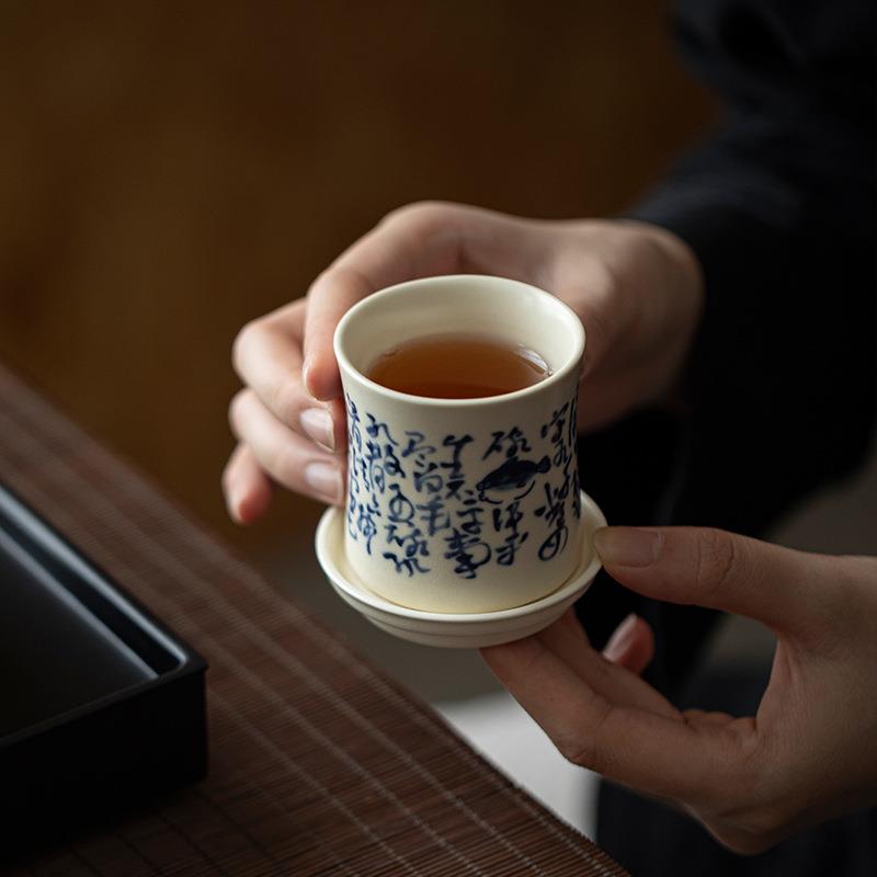 弥言手工陶瓷茶杯带杯垫青花诗文品茗杯家用聚香闻香杯开片可养杯