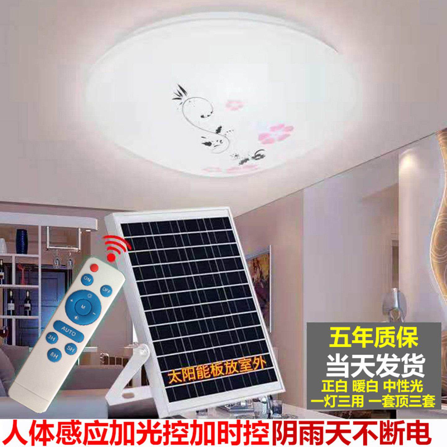 LED人体感应太阳能室内吸顶灯家用卧室超亮走廊阳台庭院光控路灯