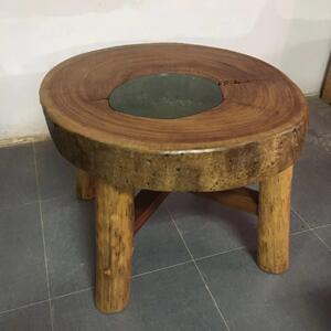 生原态家具客厅茶QBO台香樟阳木独板圆桌形石磨茶椅简约小户型台