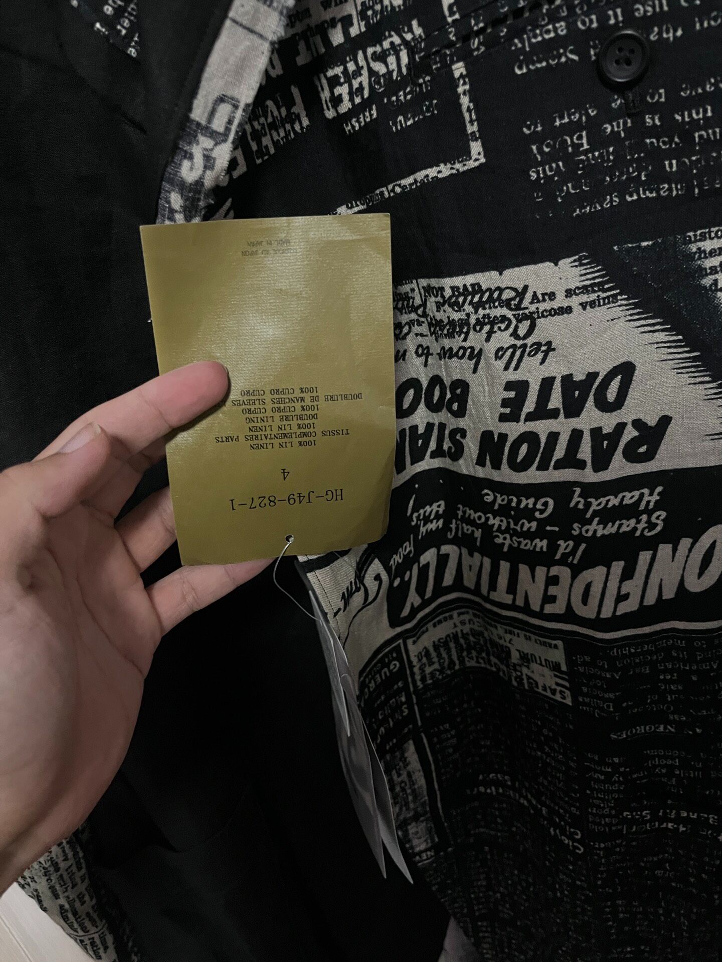 Yohji Yamamoto Newspaper Print Jacket — detail