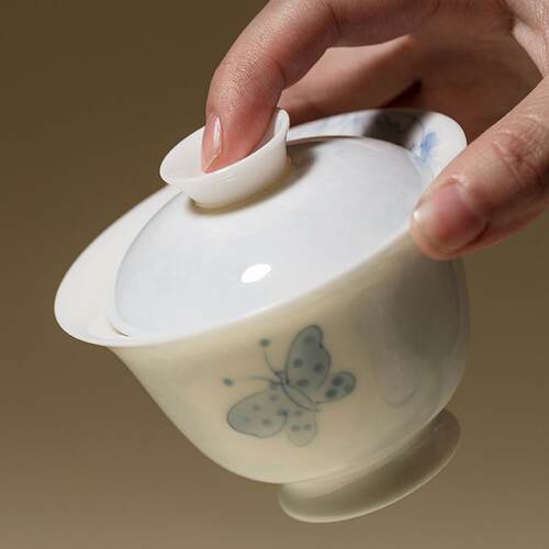 束刻青花手绘蝴蝶二才盖碗景德镇釉下彩泡茶碗陶瓷茶具敬茶碗单个