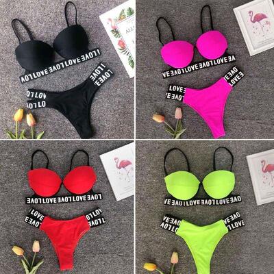 2019硬包LOVE条比基尼分体泳衣bikini字母绷带泳衣拼色度假泳装