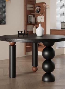 中古风黑色实木餐桌饭桌设计师创意家用小户型法式复古桌圆型圆桌