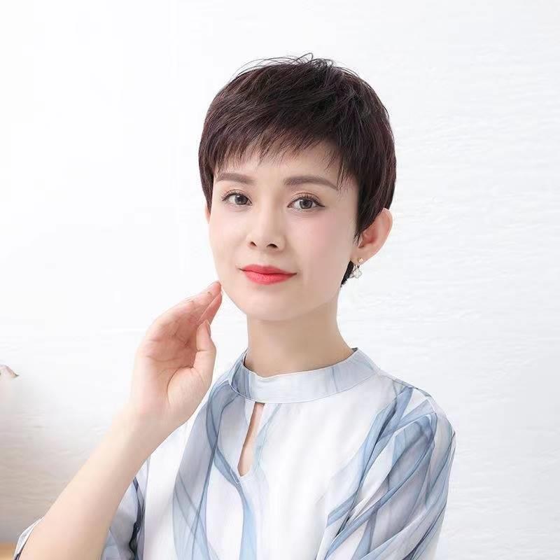 夏季轻薄款假发女士短发斜刘海真人发丝送妈妈全头假发套自然透气
